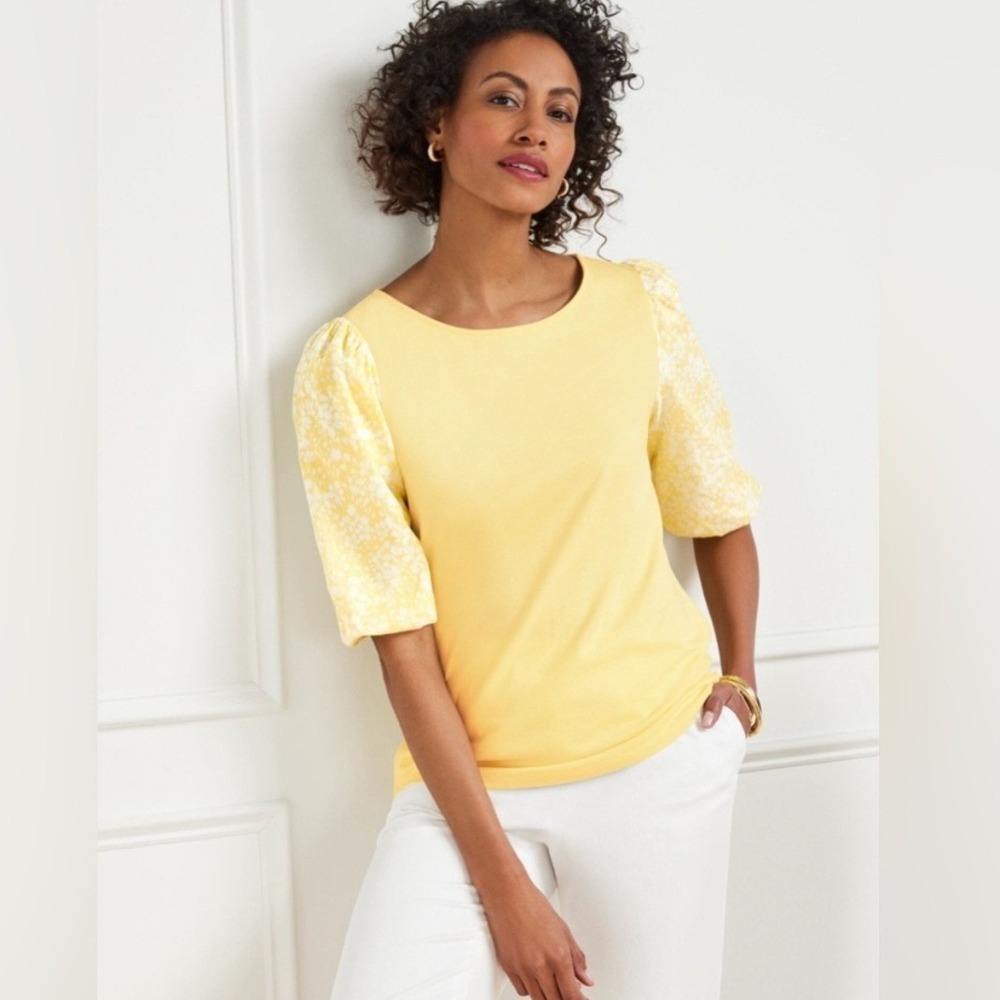 Talbots Yellow Floral Puff Sleeve Crewneck Tee Women XL Cottage Spring Preppy